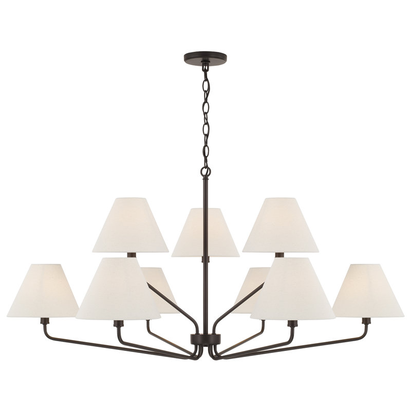 46" W x 22.5" H 9-Light Angular Two-Tier Chandelier with Tapered Fabric Shades, Black