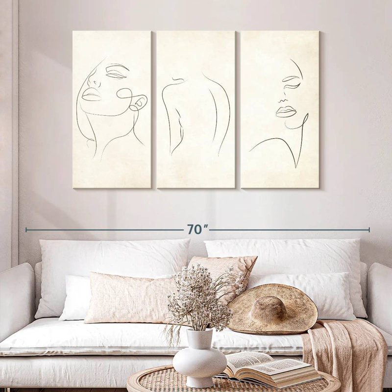 Portrait féminin, une ligne, femme sur toile, ensemble de 3 pièces, H 32 po x l 50 po x P 1,25 po