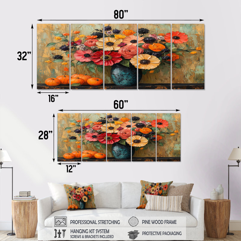 «Orange and Pink Flowers Harvest Delights», ensemble de reproductions d'art mural, H 32 po x l 80 po
