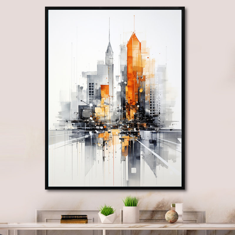 «Jaenelle Orange Grey Minimalisme Urban Rhythm III», reproduction sur toile, H 32 po x l 16 po x P 1 po, Cadre flottant noir