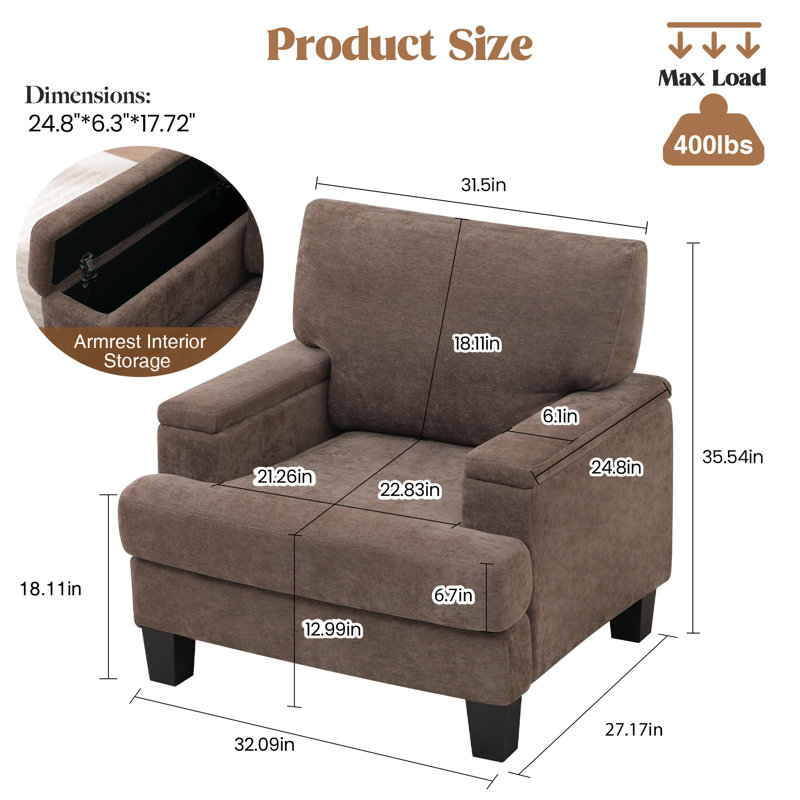 Fauteuil rembourré avec rangement intérieur pour accoudoirs, Marron foncé