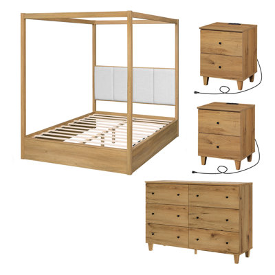 Lysiane 4 Pieces Bedroom Furniture Set, Queen Size Solid Wood Canopy Bed, 6-Drawer Dresser And 2 Nightstands
