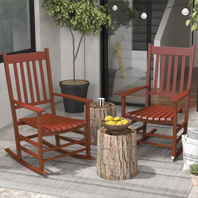 Ensemble de chaises berçantes d'extérieur en bois, accoudoirs lisses, dossier haut, durable pour patio, balcon et porche, rouge vin