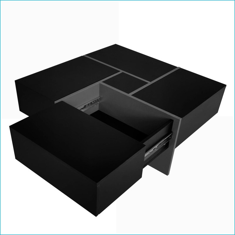 4-Way Extendable Black Coffee Table with 4 Hidden Compartments, Space-Saving Living Room Table, Black/Blue