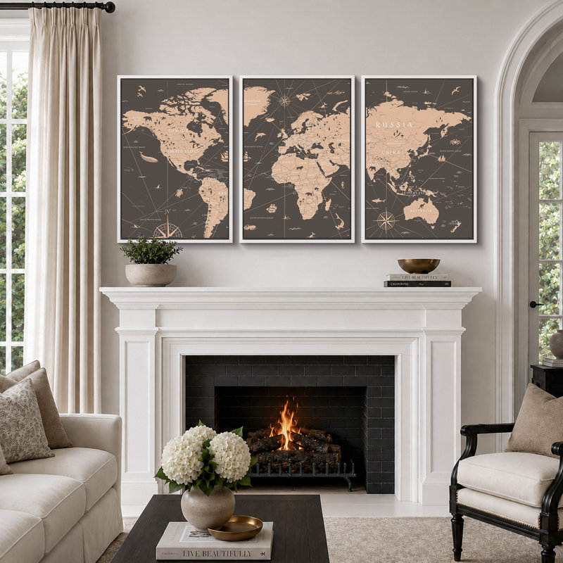 «World Map Sepia Global Country», ensemble de 3 reproductions sur toile, H 36 po x l 72 po, Reproduction avec cadre flottant
