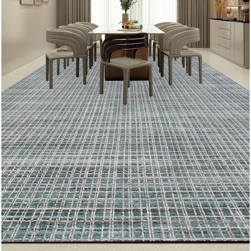 Hand Knotted Plaid Area Rug in Teal/Green, Rectangle 10' x 14'