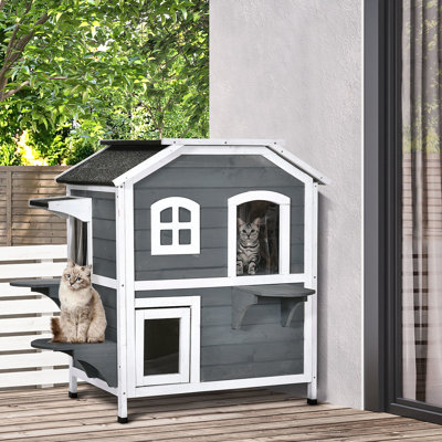 2-story Cat House - Wooden For Cats With Exit Options, Gray Outdoor Enclosure By , Cats, Escape Door, Openable Roof & Jumping Platforms,