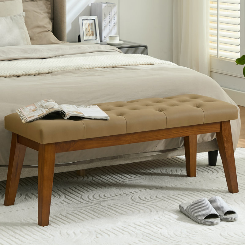 43.3'' W Tufted Faux Leather Upholstered Bench with Solid Wood Legs, Light Brown