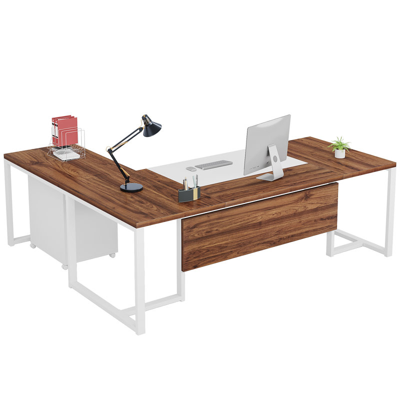 71'' Corner Desk with File Cabinet, Large L Shaped Desk with Mobile Filing Cabinet for Home Office, Walnut/White