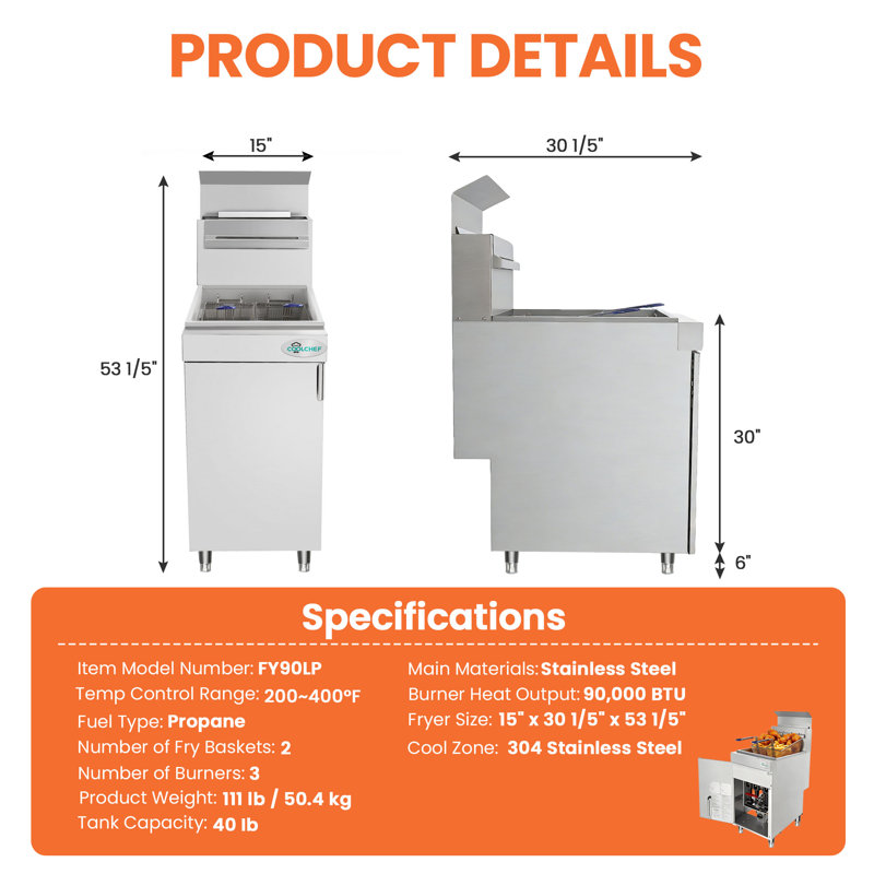 90,000 BTU 3 Burner Commercial Gas Fryer, 40
