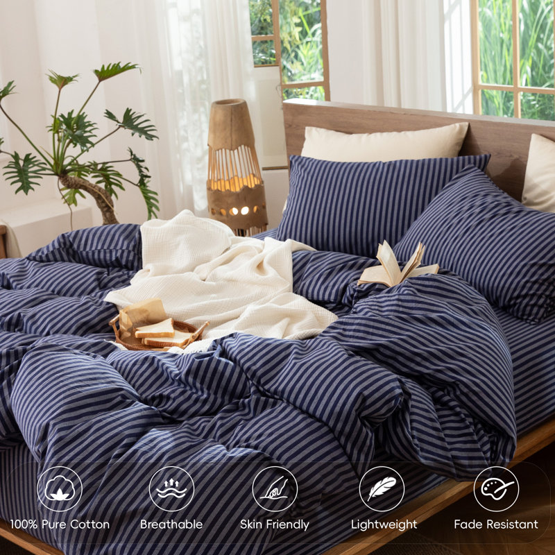 MooMee Striped Duvet Cover Set 100% Washed Cotton Linen Like Textured, Queen Duvet Cover + 2 Standard Pillowcases