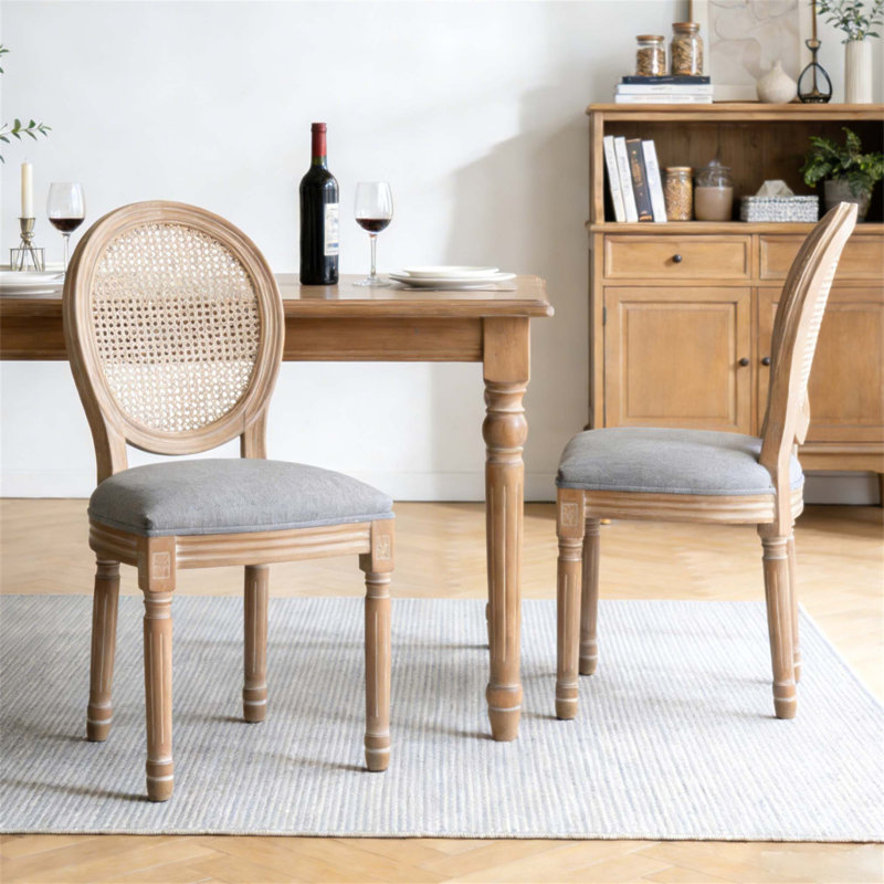 Chaises de salle à manger en bois massif Farmhouse avec assise en lin rembourré et dossier en rotin tissé, ensemble de 2 chaises seulement