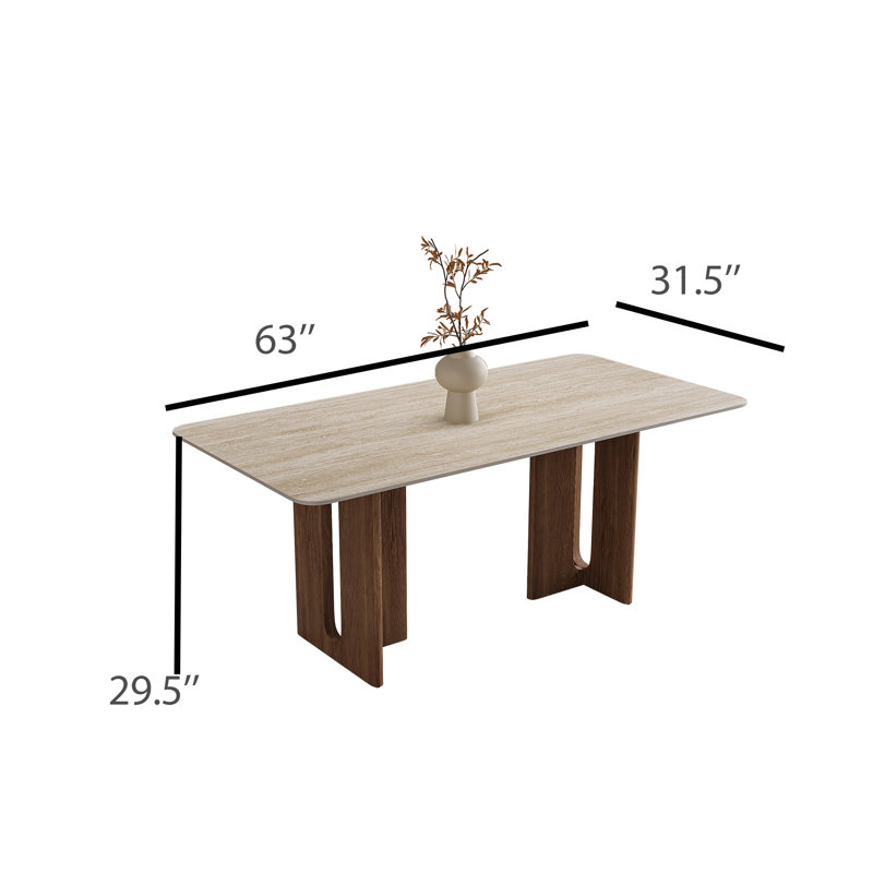 63'' Beige Sintered Stone Dining Table for 6, Rectangle Modern Dining Table with Double Brown Wood Legs, Mid Century Modern Kitchen Table