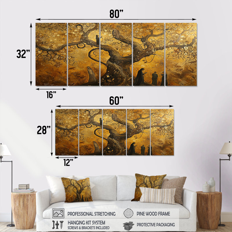 Teachings By The Ancient Tree Vintage - Art mural arbre pour le salon, 5 pièces, H 28 po x l 60 po