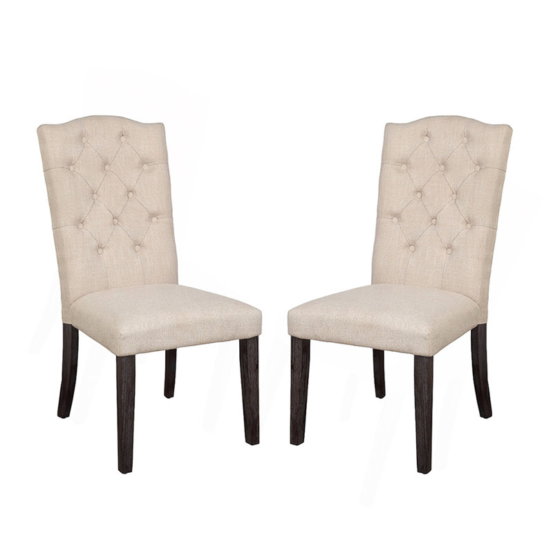 Ensemble de 2 chaises de salle à manger rembourrées en lin avec dossier capitonné, beige et espresso vieilli