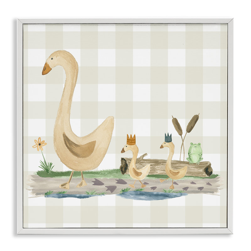 «Ducks on Yellow Plaid», estampe numérique par Lucille Price, H 17 po x l 17 po, Estampe numérique encadrée blanc bord de mer