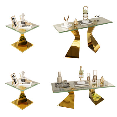 4 Piece Glass And Silver Living Room Table Set Of 4 Coffee Table Set With End Table And Console Table