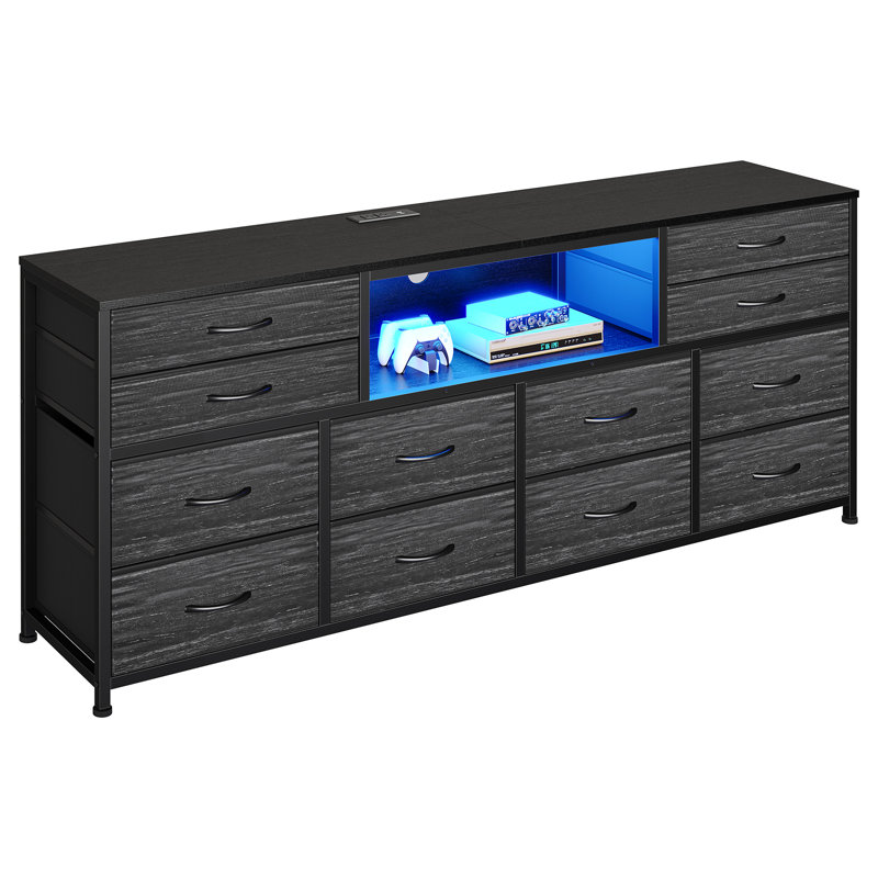 63" W 12 Drawer Dresser For Bedroom, Long Dressers Tv Stand Media Console With Led Lights & Power Outlets, Gray