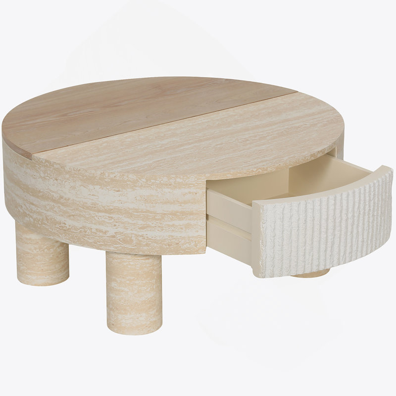 Table basse ronde avec plateau rabattable et compartiment de rangement caché