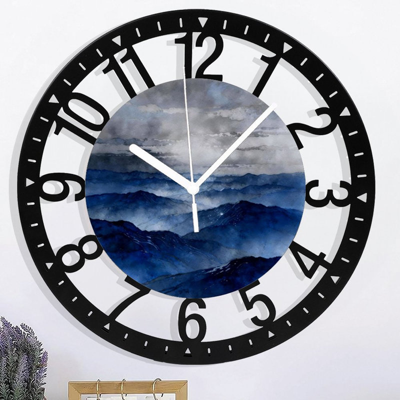 10" Round Iron Wall Clock with Silent Quartz Movement, Arabic Numerals, UV-Printed Design, Late Night Blue
