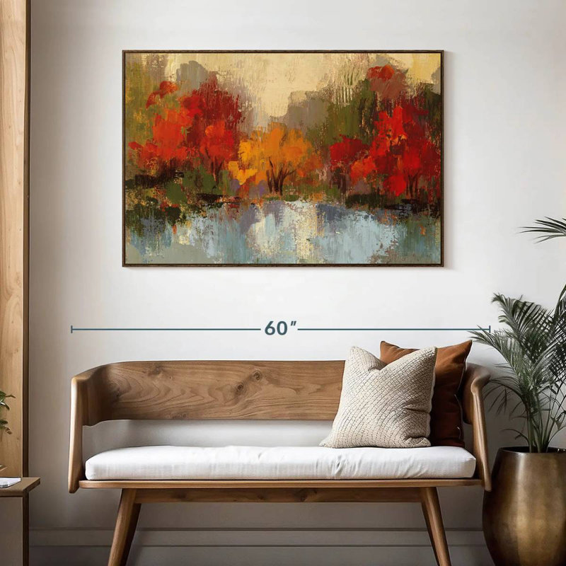 Automne Riverside I, 46 po x 31 po, Cadre flottant en noyer