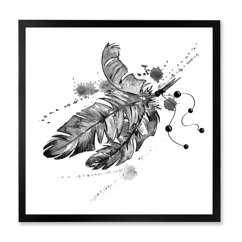 «Black Bird Feathers Impression» - Peinture sur toile encadrée, Cadre noir, H 16 po x l 16 po x P 1 po