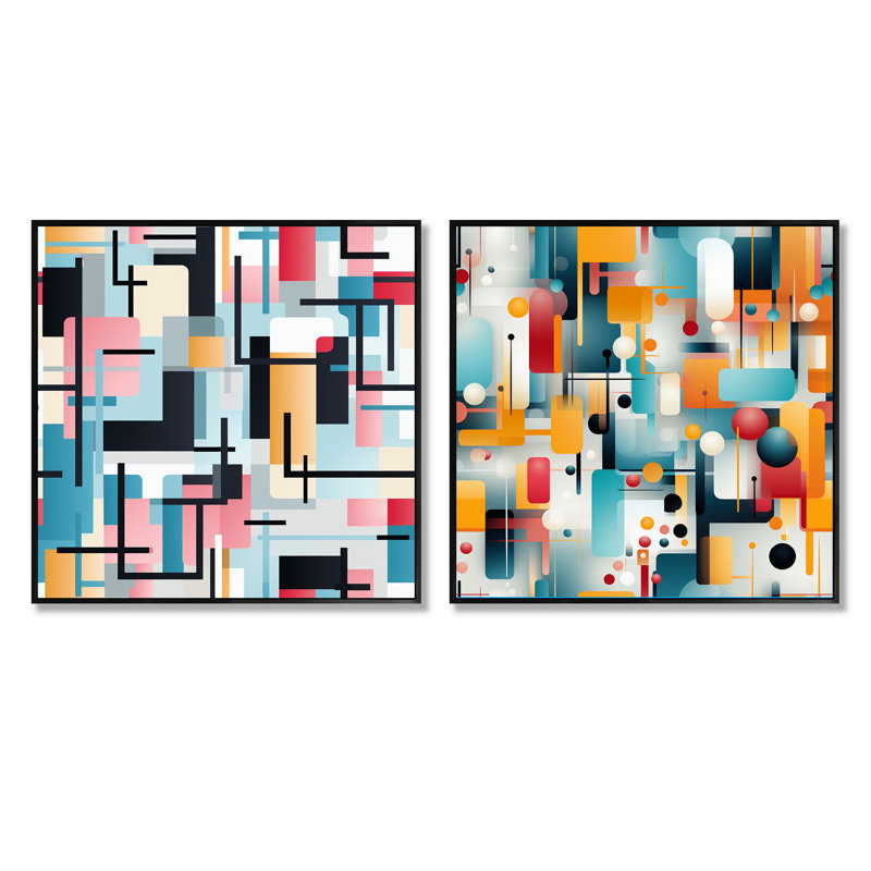 Urban Geometric - Ensemble de 2 collages carrés à formes abstraites, Cadre flottant noir, H 36 po x l 73 po