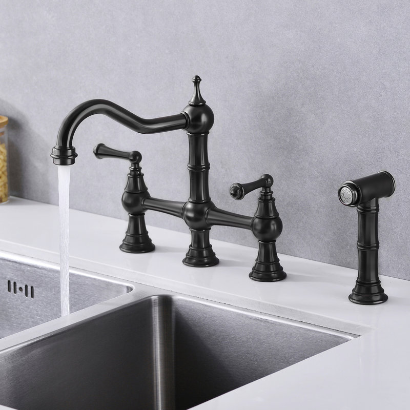 Bridge Style Kitchen Faucet With Dual Handles In Matte Black And Pull-Out Side Spray, 360 Turning High Penetrating, Rust, , Leak-, Brass Produced Handle Rotating Flow, Fabricated