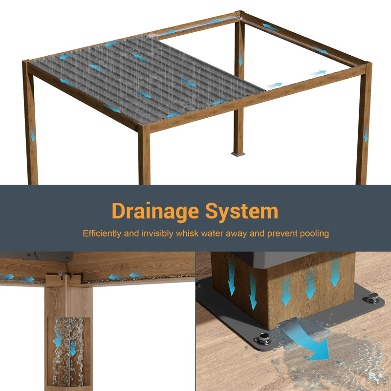 Patio Louvered Aluminum Pergola with Solar LED, Wood Texture, 10 Ft. x 13 Ft.	