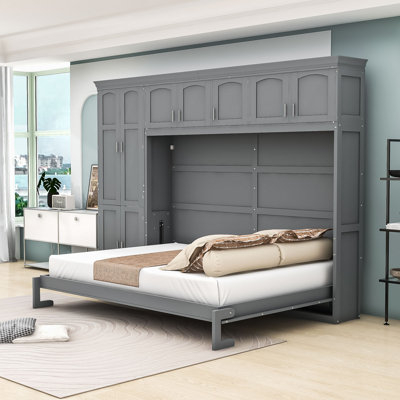 Grand lit escamotable à cadre en bois avec rangement