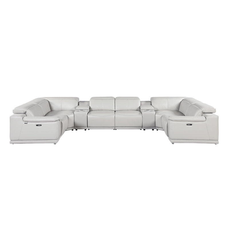 Ismeta 8 Piece 2 Power Recliner Top Grain Italian Leather Sectional, Light Gray Genuine Leather