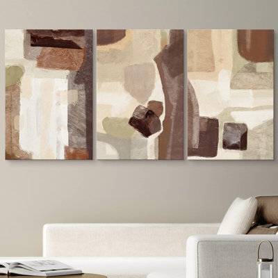 Grunge Abstract Paint Stroke Effect " Brown, Tan And Yellow Polygon Collage Abstract Patterns Modern Art Boho " 3 - Pieces