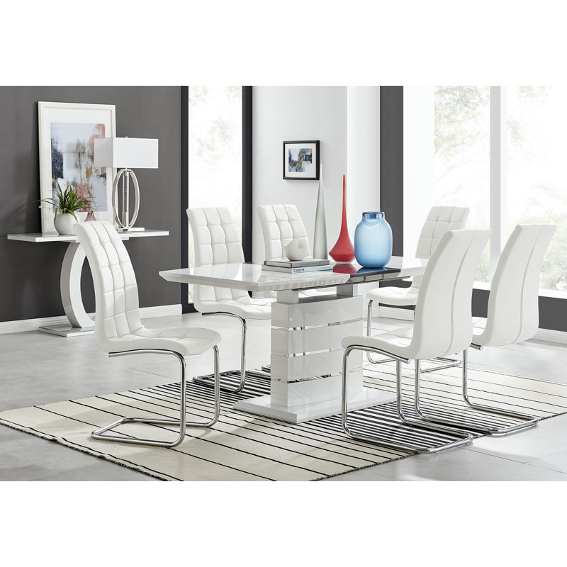 Eubanks 120Cm High Gloss Extending Dining Table And 6 White Chairs, White/Silver
