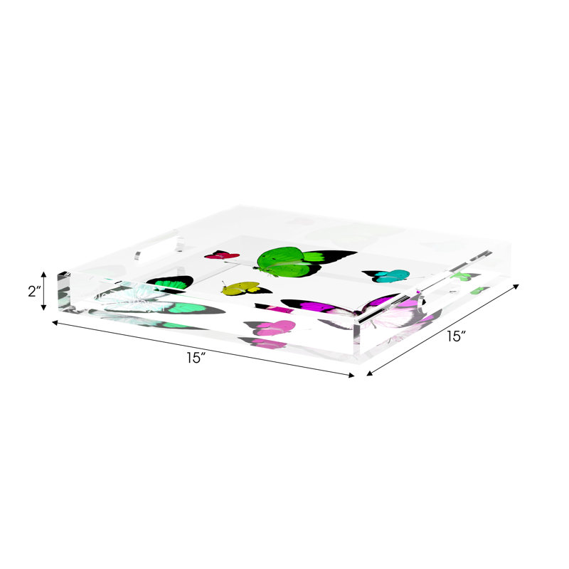 Butterflies Acrylic Square Decorative Tray, 15" W x 15" D x 2" H, Acid Green