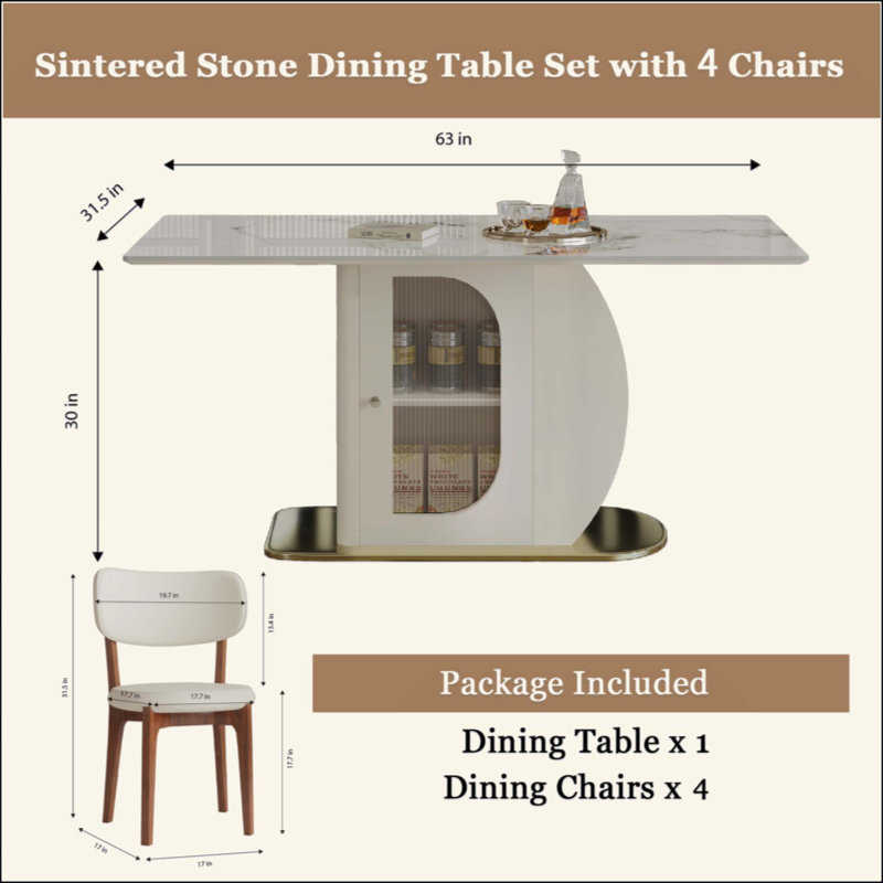 Modern 4-6 Person Dining Table Set With Storage, Burnt Stone Tabletop & Solid Wood Base, Includes 4 PU Chairs For Kitchen, Apartment