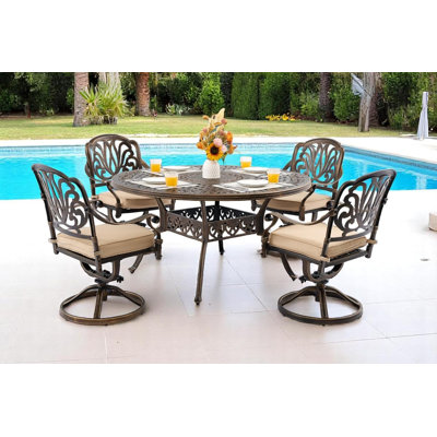 Ensemble repas d'extérieur en fonte d'aluminium avec coussin plus épais et trou de parasol pour terrasse (chaise pivotante en bronze (Elizabeth), 5 pièces (table ronde de 54 po))