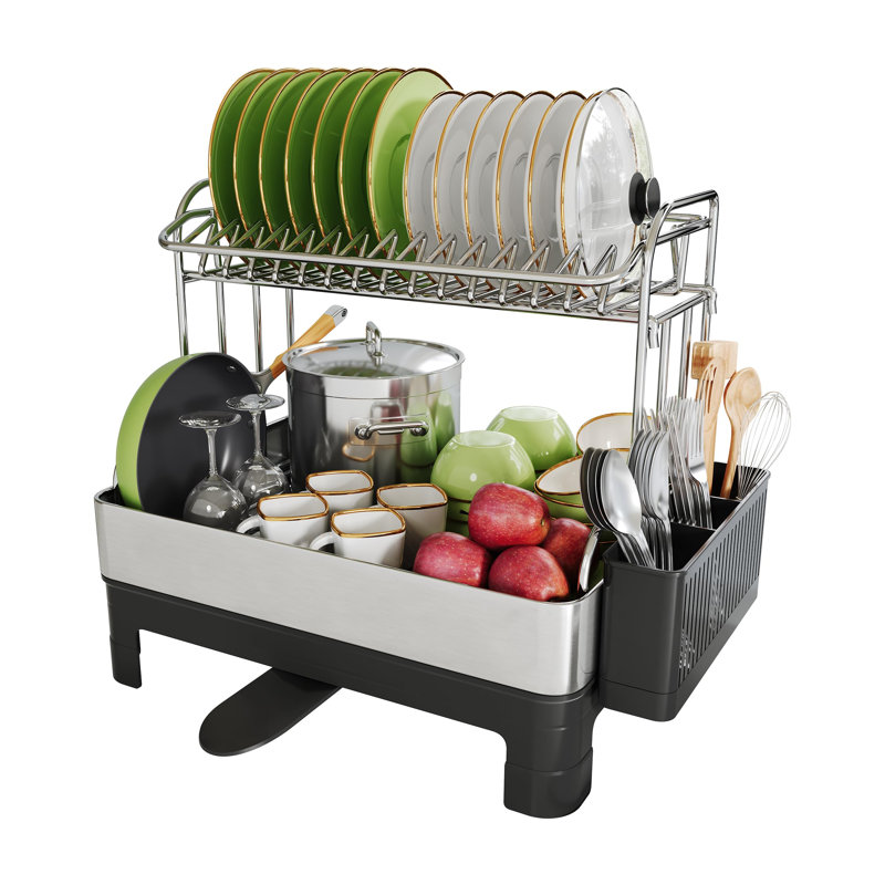 2 Tier Large Stainless Steel Dish Drying Rack with Drain Board, Space Saving, Rust Proof Metal, Automatic Drainage Drainer for Kitchen Counter, (Silver)