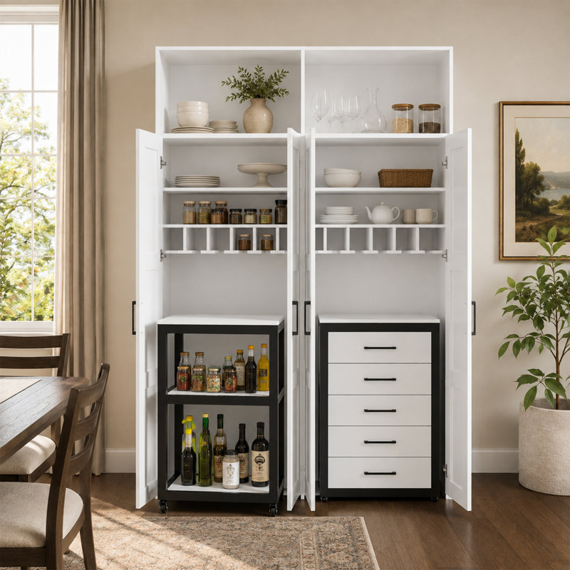 63" W White Pantry Cabinet with 4 Doors & Rolling Carts