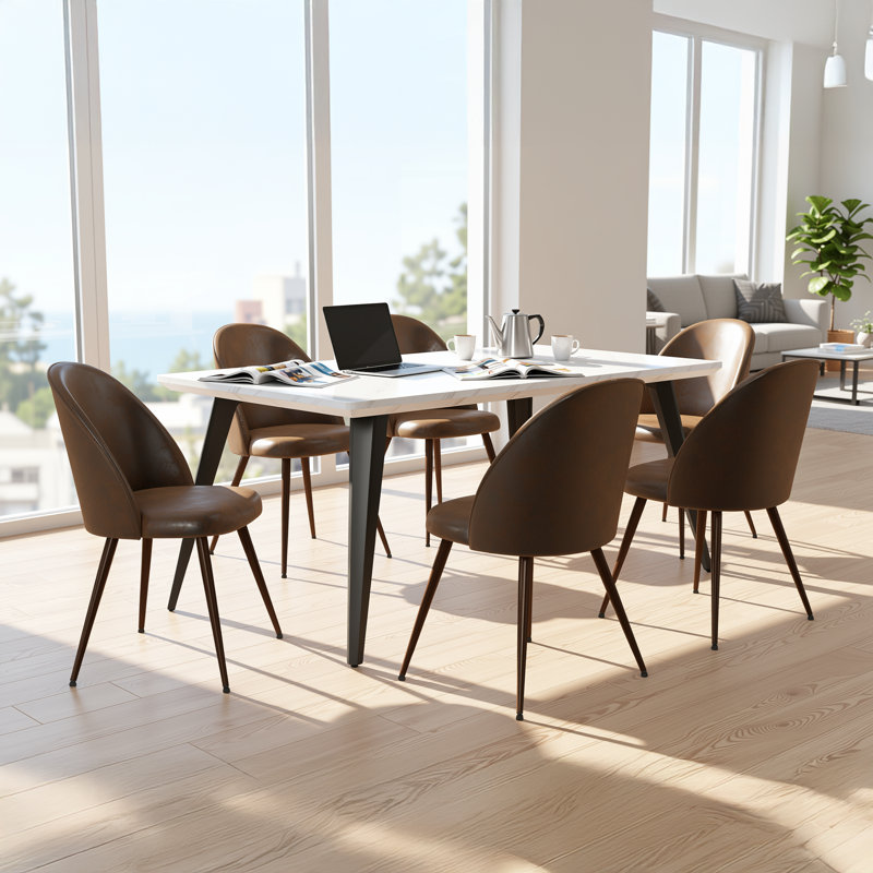 Hozel 5-Piece 63" Rectangular Dining Table Set with Upholstered Chairs and Metal Frame, Brown, White