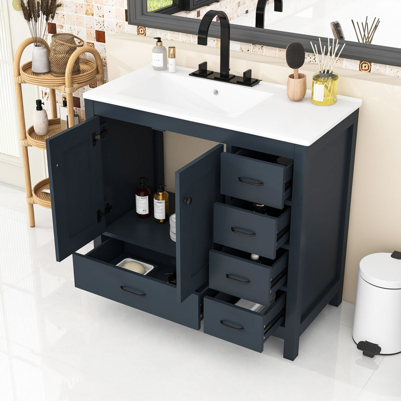 Meuble-lavabo de salle de bain avec armoire de rangement et 5 tiroirs, Bleu