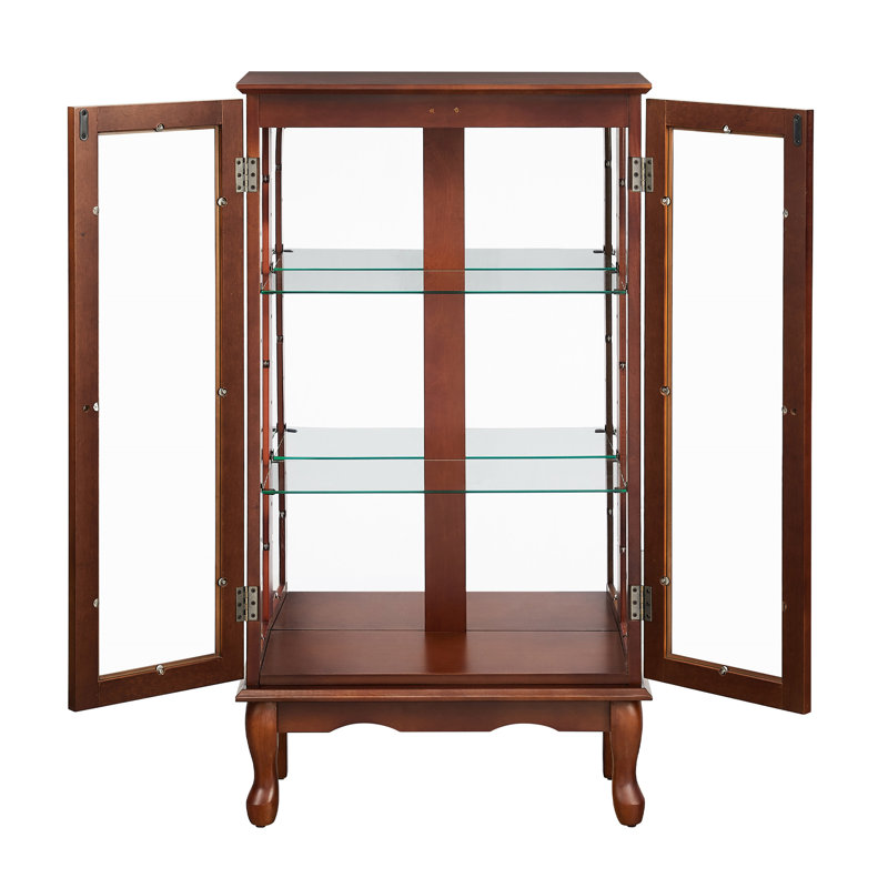 Walnut Curio Cabinet With Flexible Storage Shelves And Mirrored Back Lighted Adjustable Panel In, Walnut