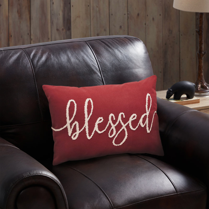 Blessed Red Embroidered Cotton Lumbar Pillow 14" x 20"