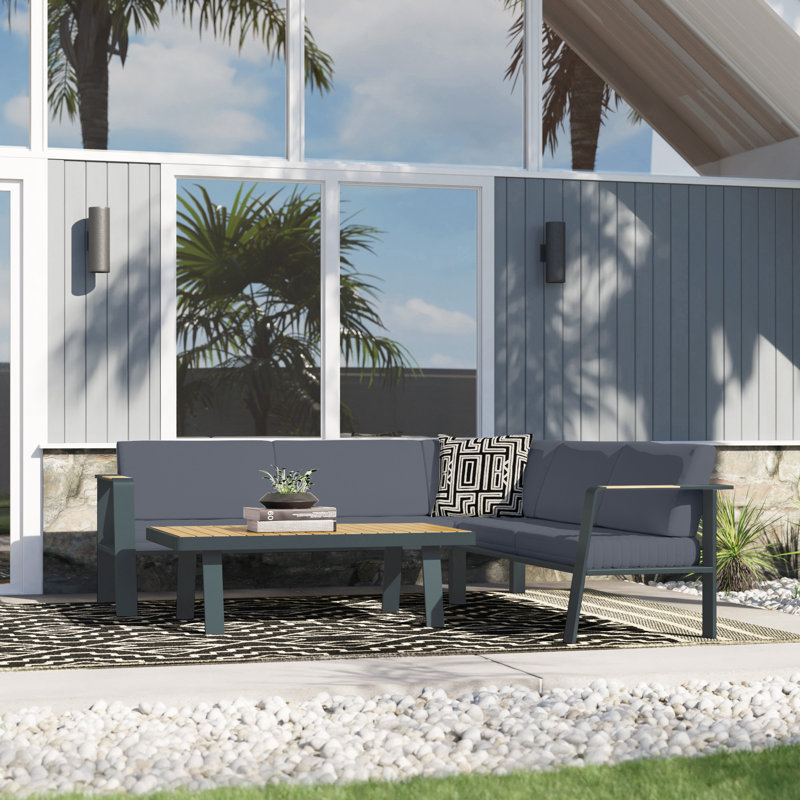Raven Teak 4 - Person Modular Patio Conversation Set with Cushions, Gray