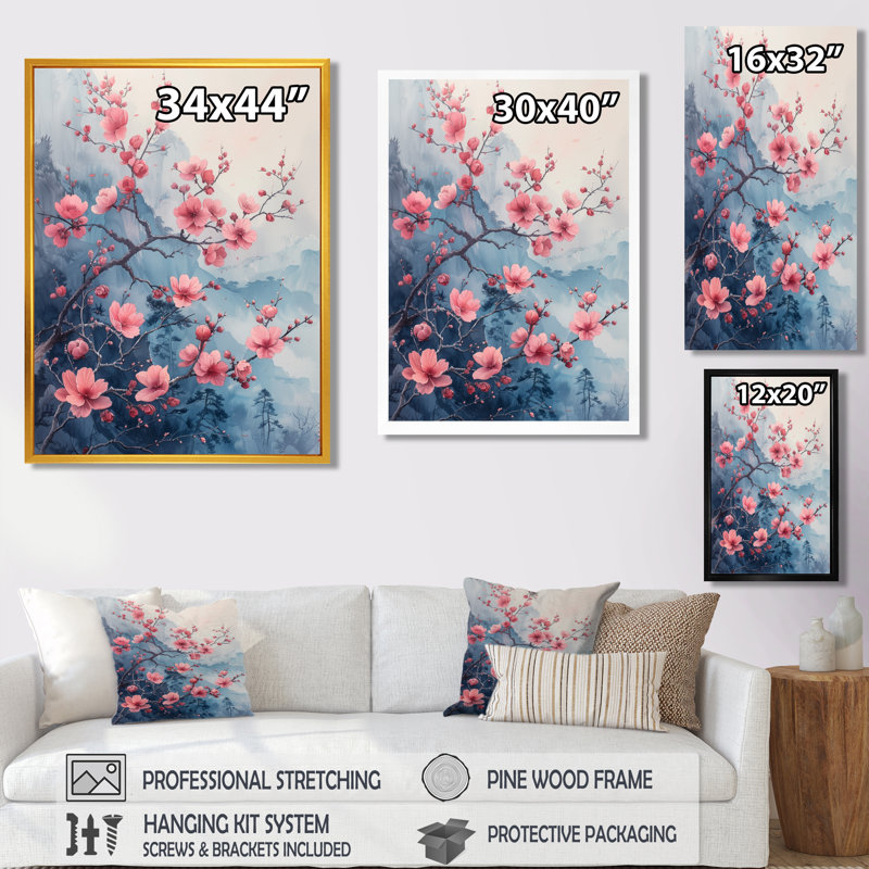 Fleur de cerisier rose gris dans un salon - art mural cerisier en fleurs, H 40 po x l 30 po x P 1,5 po