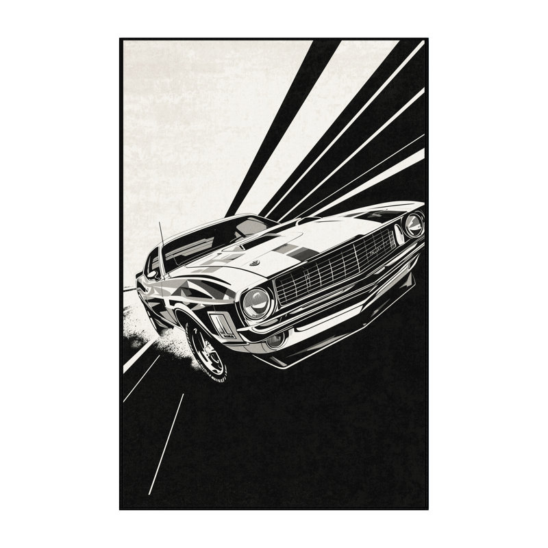 Machine Washable Eldred Classic American Muscle Car Retro Geometric Rug in Gray – Black Binding, 2x4