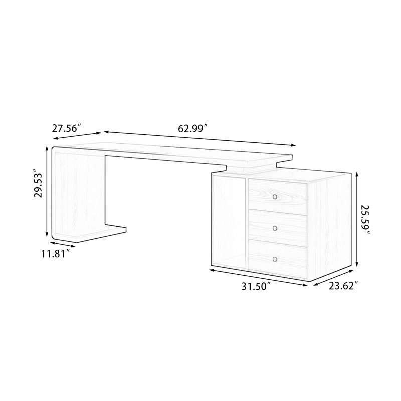 Light Walnut Color Rectangular Solid Wood with 3 drawers desk, 29.53" H x 62.99" W x 27.56" D