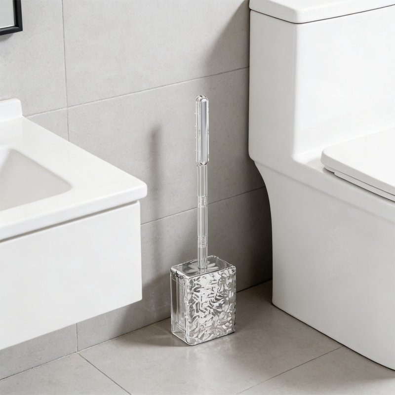Brosse de toilette en plastique moderne avec base, outil de nettoyage de salle de bain à longues poignées, transparent 16,3 x 3,9 x 2,5 po