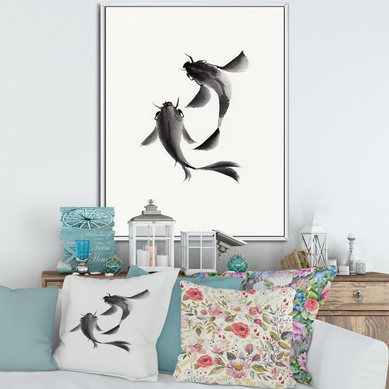 " Monochrome Vintage Fish II " Painting Print, White Framed Canvas, 40" H x 30" W x 1" D