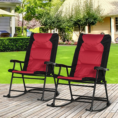 2 Piece Outdoor Patio Furniture Set With 2 Folding Padded Rocking Chairs, Bistro Style For Porch, Camping, Balcony, Red