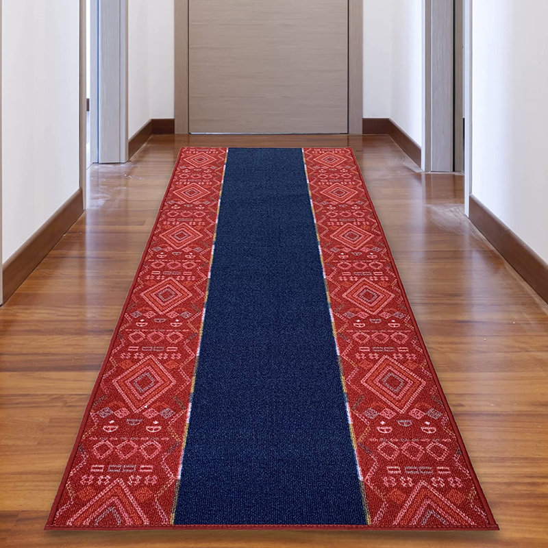 Custom Size Runner Rug 26 Inches Wide X Choose Your Length Southwestern Bordered Design Navy Red Color, Runner 2'2'' x 21'